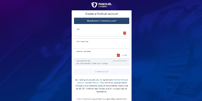 fanduel sign up page